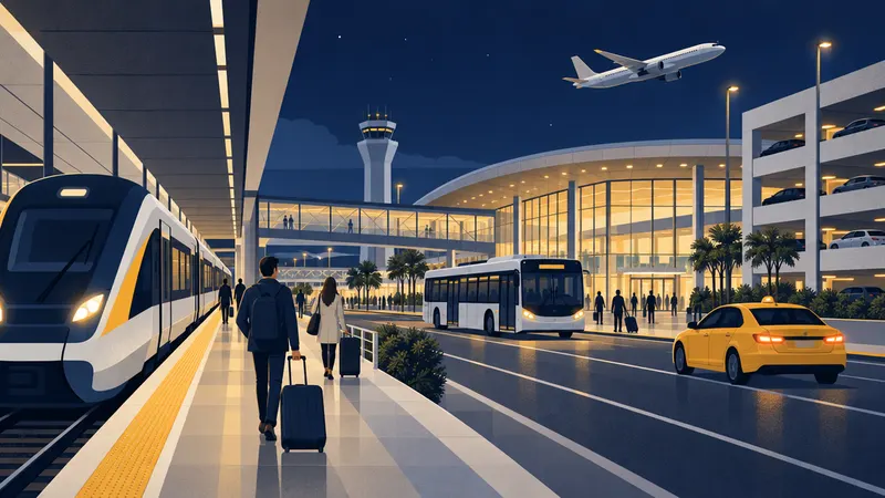 איור של רכבת, שאטל, מונית וחניון ליד טרמינל של שדה תעופה
