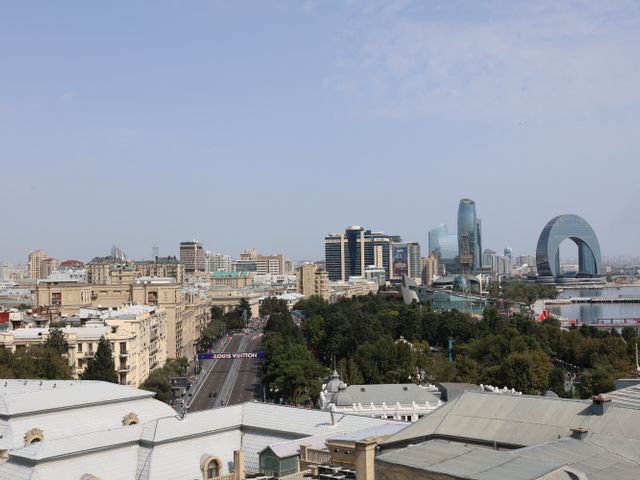 באקו: Aerial view of Baku featuring unique modern architecture and buildings against a clear blue sky.