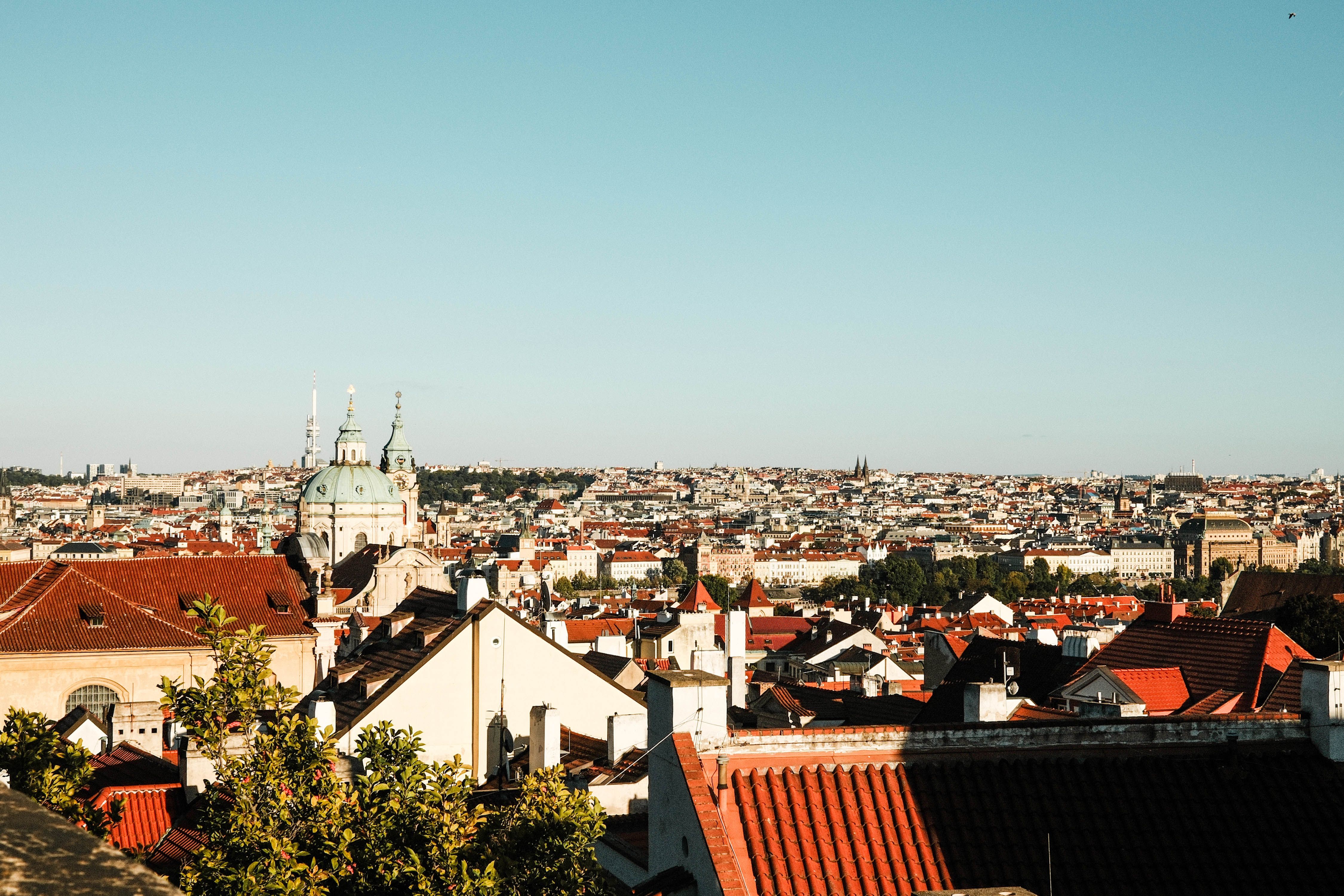 פראג: Captivating view of Prague's iconic red rooftops and historic skyline under a clear blue sky.